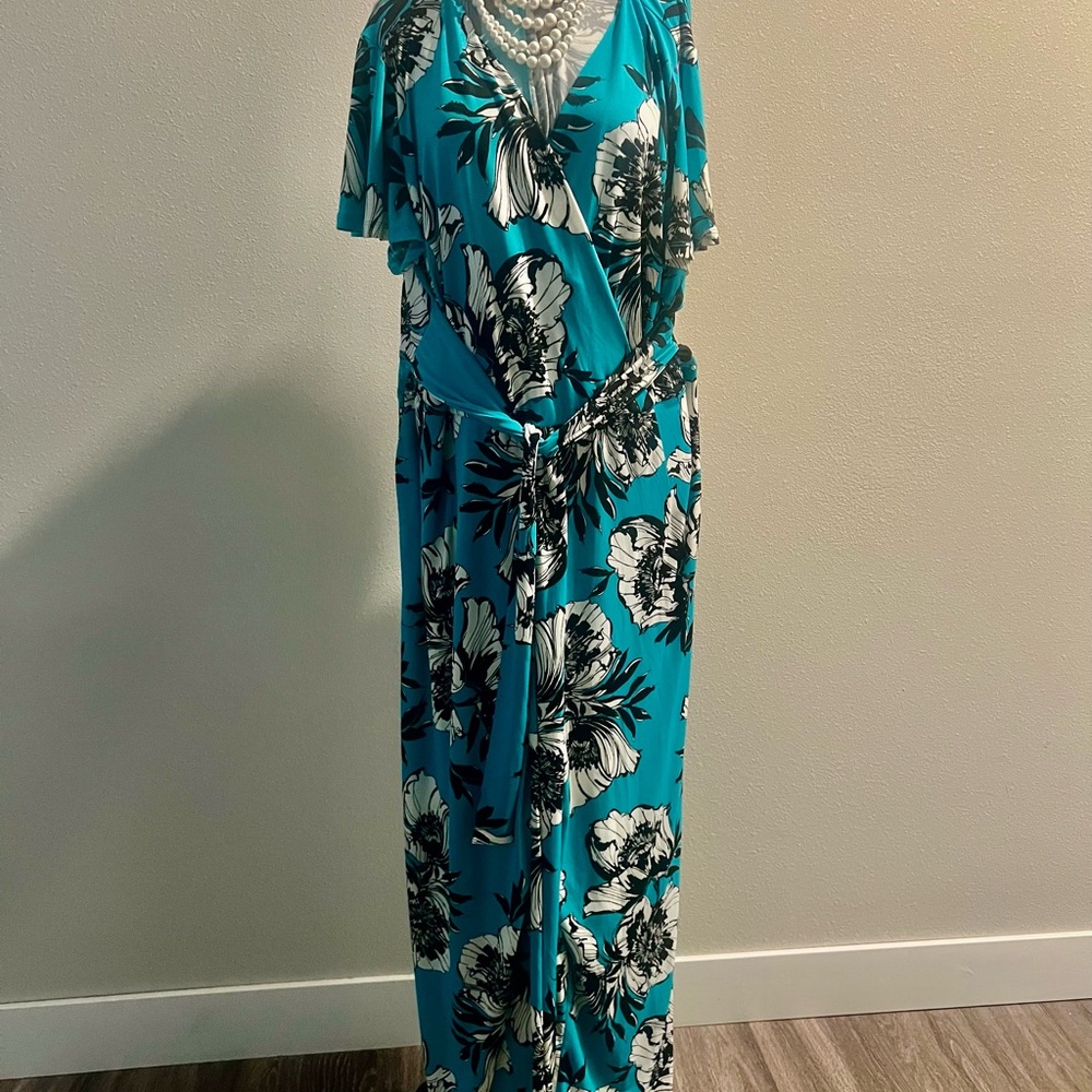Lane Bryant Teal and Black Floral Jumpsuit